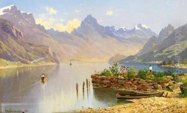 Fruhlingstag Am Vierwaldstatter See Mit Booten Und Figurenstaffage Oil Painting by Franz Xaver Von Riedmuller