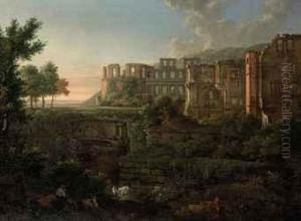 A 'capriccio' View Of The Ruins Of Heidelberg Castle Oil Painting by Johann Martin Von Rohden