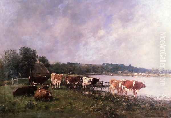 Cows on the Banks of the Touques 1880 Oil Painting by Eugene Boudin