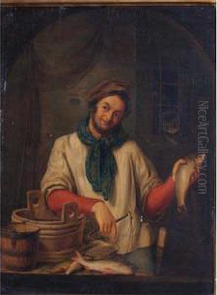 Fishmonger Oil Painting by Heinrich Gaudenz Von Rustige