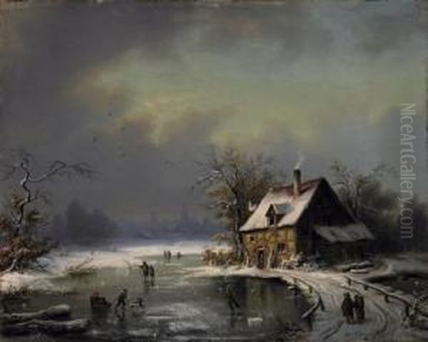 Riverlandscape Thickly Covered In Snow, In Front Of The City Gates. Oil Painting by Heinrich Gaudenz Von Rustige