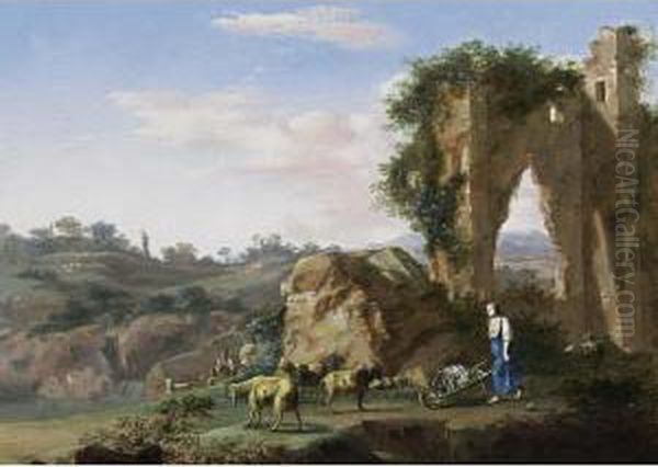 An Italianate Landscape With A Shepherd And His Flock, Together With A Woman Pushing A Wheelbarrow Near Classical Ruins Oil Painting by Warnard Von Rysen