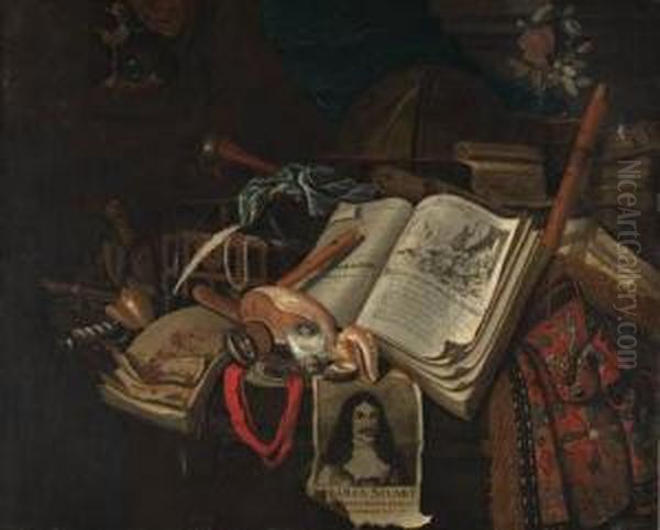 A Vanitas Still Life Of Books And Scrolls, An Etching Depictingking Charles Ii, A Globe, A Trumpet And Other Instruments, A Casketof Jewellery, An Oriental Carpet, A Vase Of Flowers And Otherobjects On A Table, With A Skull And A Silver Gilt Nautilus Cupw Oil Painting by Warnard Von Rysen