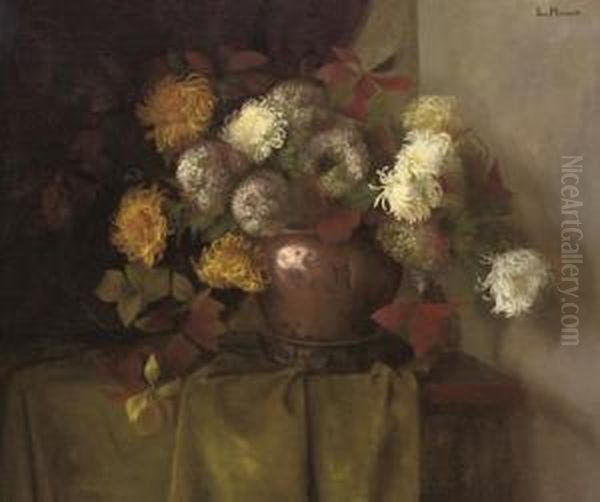 Chrysanthemums, Hydrangeas And Other Blooms In A Copper Urn On A Draped Table Oil Painting by Lucie Von Saenger