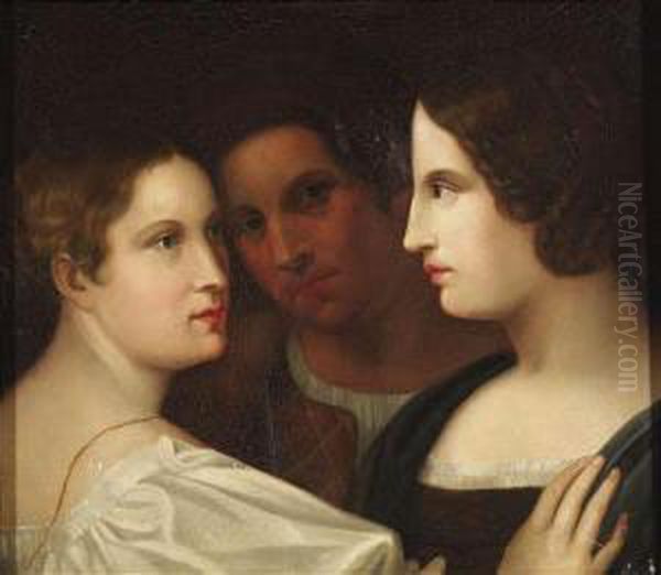 Triple Portrait Of A Gentleman With Two Ladies As Aportrait Of Friendship In The Spirit Of The Romantic Movement Oil Painting by Friedrich Wilhelm von Schadow