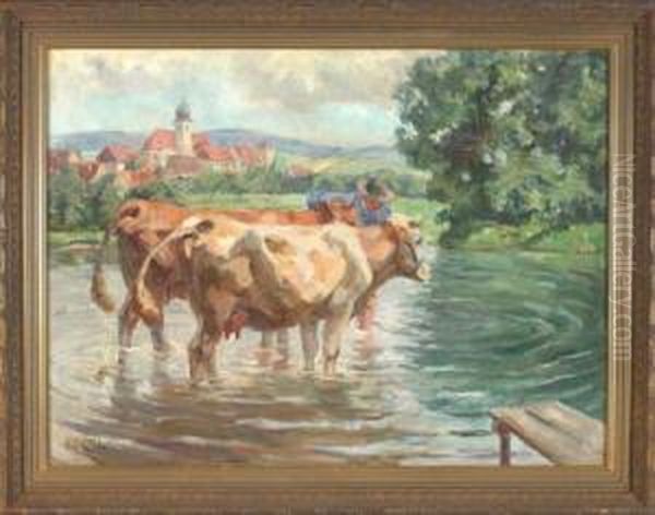 Bauer Mit Zwei Kuhen In Einer Wasserstelle Am Dorfrand Oil Painting by Max Von Schellerer