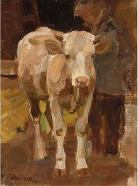 A Cow And Peasant In A Stable Oil Painting by Max Von Schellerer