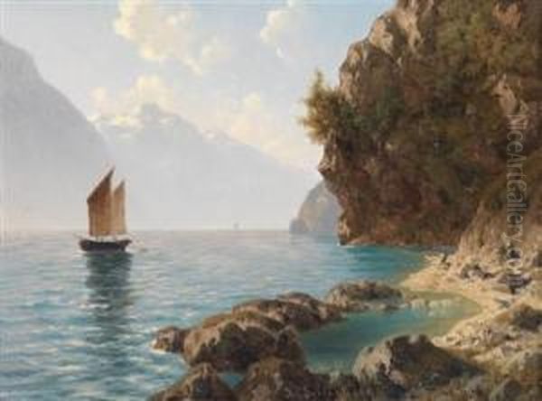 Lake Scene In Northern Italy Oil Painting by Josef Von Schlogl