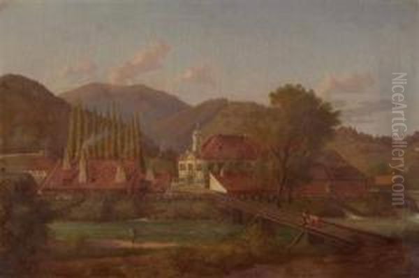 Fabriksgelande An Einem Fluss Oil Painting by Josef Von Schlogl