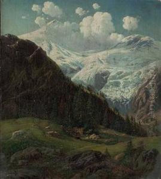 Tiroler Hochalm Mit Blick Auf Den Hintertuxer Gletscher Oil Painting by Josef Von Schlogl