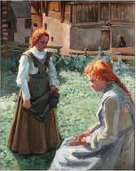 Girls In A Garden Oil Painting by Max Von Schmaedel