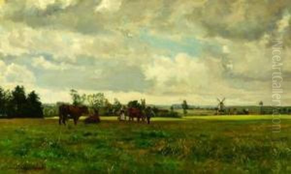 Cows And Windmills Oil Painting by Carl Von Schmidt-Phiseldeck