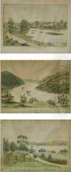 Three Original Watercolors: View From West Point On The Hudson; Saw Mill Near Ogdensburg So. Of N.y.; The Residence Of John Knevels Esq. Near Fishkill Landing Oil Painting by Frederik Carl Emil Von Scholten