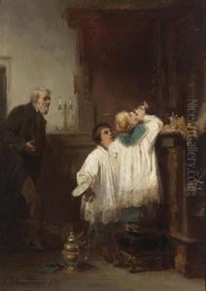 Ertappte Ministranten. 1868. Oil Painting by Claudius Von Schraudolph