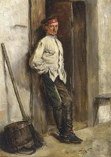 An Austrian Soldier Oil Painting by Alfred Von Schrotter