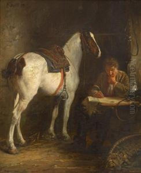 Pferd Und Reiter Im Stall Oil Painting by Alfred Von Schrotter