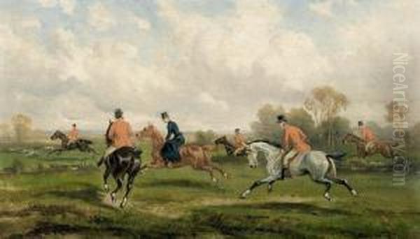 Jagdgesellschaften Mit Hundemeuten. Gegenstucke. Oil Painting by Alfred Von Schrotter