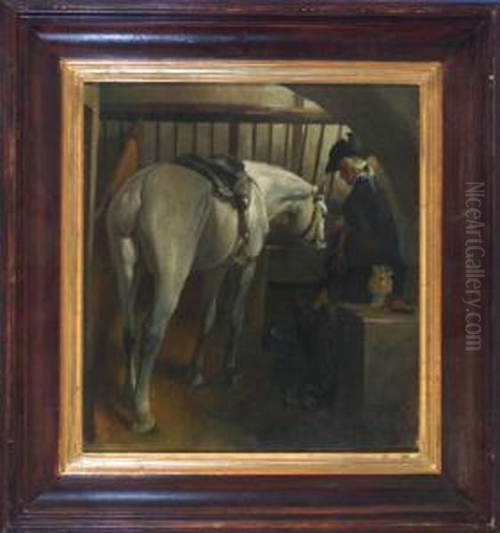 Reiter Mit Schimmel Im Stall Oil Painting by Alfred Von Schrotter