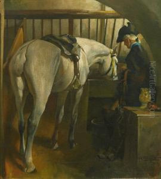 Schimmel Und Reiter Im Stall Oil Painting by Alfred Von Schrotter