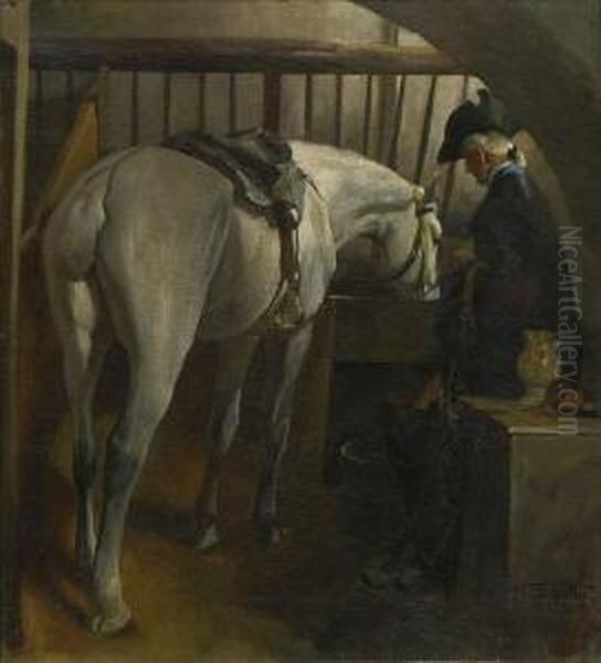 Rokokoreiter Mit Pferd Im
 Stall. Oil Painting by Alfred Von Schrotter