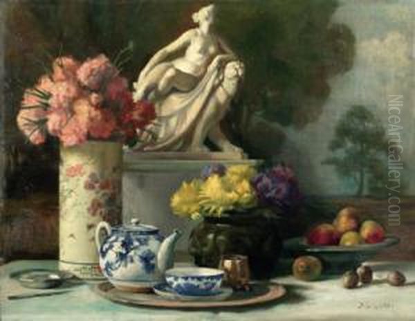 Stilleben Mit Blumen Und Fruchten Oil Painting by Alfred Von Schrotter