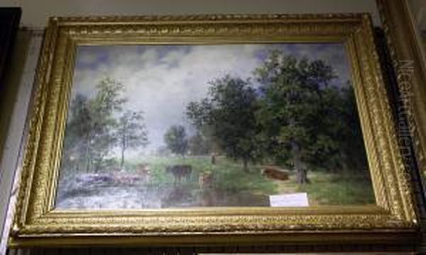 Pastoralt Landskap Med Betande Kor. Oil Painting by Amelia Ulrika Von Schwerin