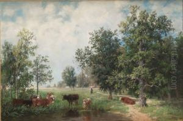 Pastoralt Landskap Med Betande Kor Oil Painting by Amelia Ulrika Von Schwerin