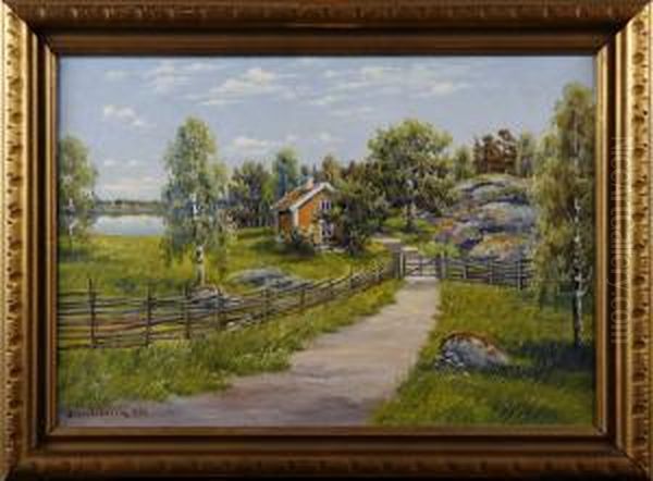 Landsvag Och Rod Stuga Oil Painting by Bo Von Schwerin