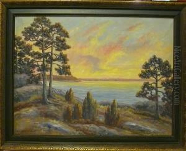 Solnedgang Over Kustlandskap. Oil Painting by Bo Von Schwerin