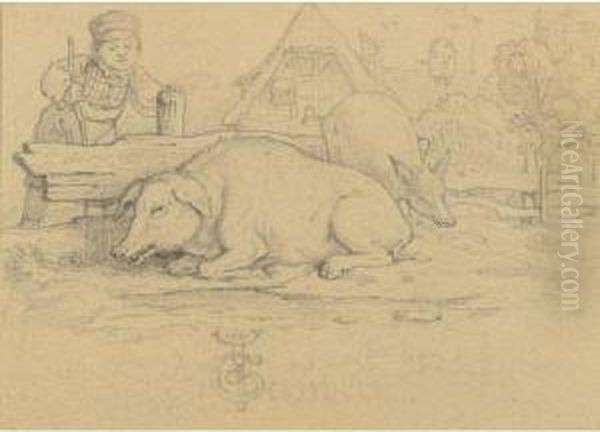 Pigs In A Farmyard Oil Painting by Moritz Ludwig von Schwind