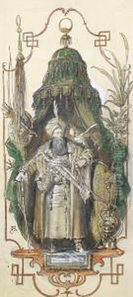 A Sketch Of A Sultan Standing In A Canopiedentrance With A Hookah Pipe And Parrot Oil Painting by Rudolf Von Seitz