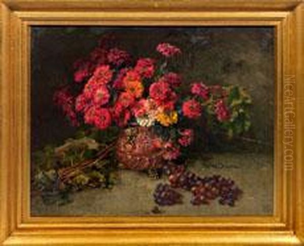 Groses Stillleben Mit Roten Zinnien Und Dunklen Weintrauben Oil Painting by Clara Von Sivers