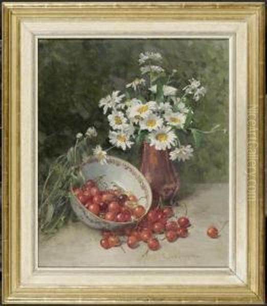 Still Life With Flowers In A Bronze Vase With Cherries Oil Painting by Clara Von Sivers