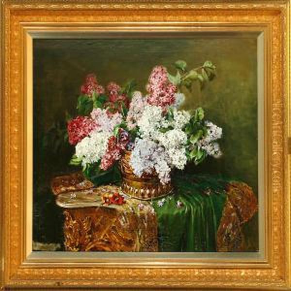 Lilacs In A Brass Vessel On A Table Oil Painting by Clara Von Sivers