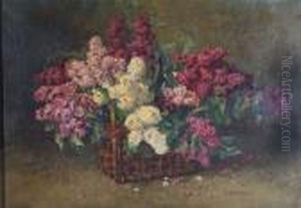 A Wicker Basket Of Mauve And White Lilac Oil Painting by Clara Von Sivers