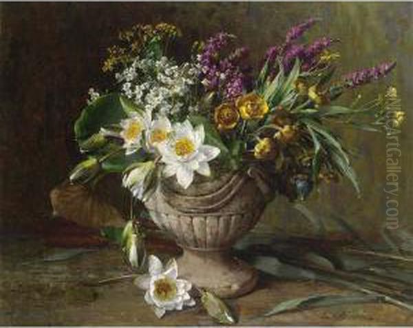 A Flower Still Life With Lotus Flowers In A Garden Vase Oil Painting by Clara Von Sivers