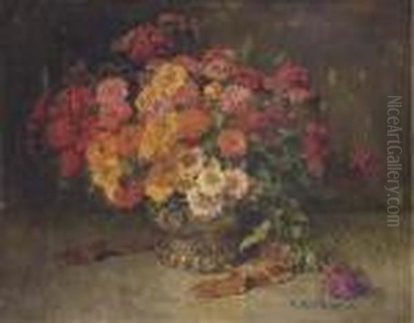 Colourful Zinnias In A Copper Pot Oil Painting by Clara Von Sivers