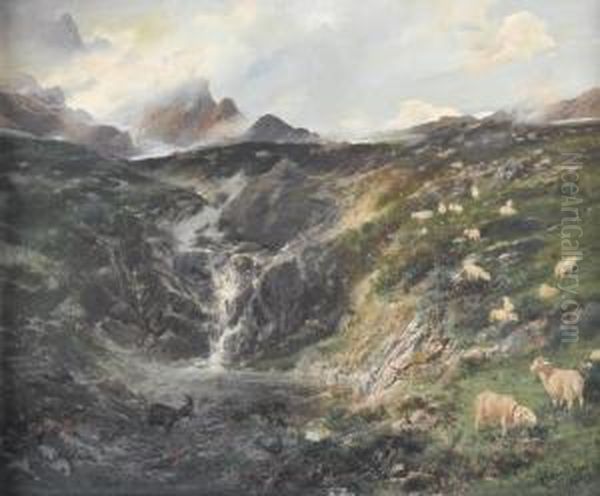 Hochgebirgspartie Mit Schafen Und Ziegen Oil Painting by Alexander Von Soldenhoff