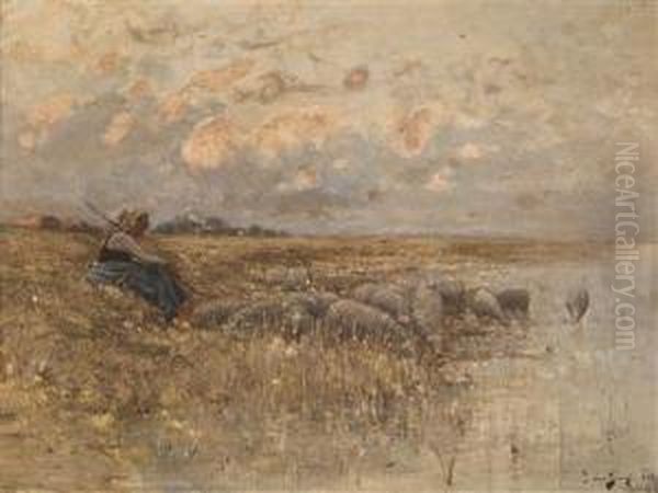 Flock Of Sheep And Shepherds At The Lakeside Oil Painting by Bela Von Spanyi