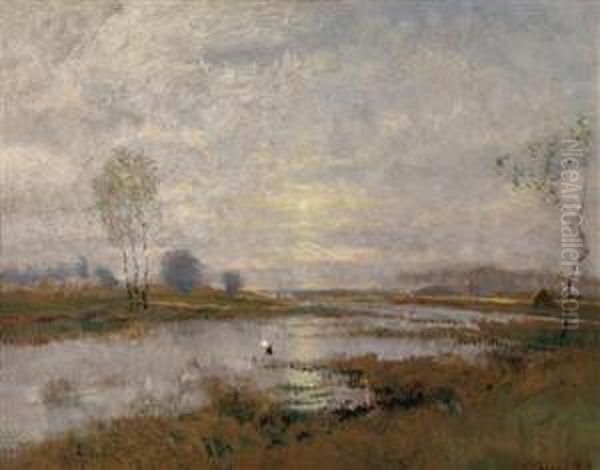 River In Theevening Light Oil Painting by Bela Von Spanyi