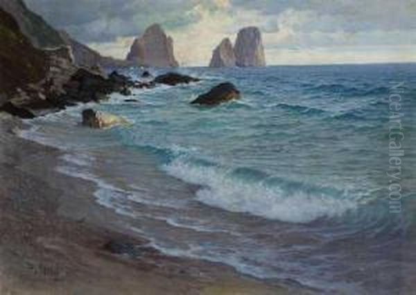 Capri - Kuste Mit Blick Auf Die Faraglioni. Oil Painting by Paul von Spaun