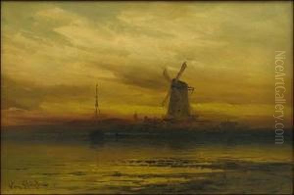 Herminie Von Stahl (nineteenth-century) Windmill At Dusk Oil Painting by Herminie Von Stahl