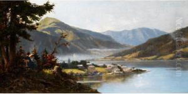 Blick Uber Den Tegernsee Mit Grasberg,richtung Kreuth Oil Painting by Eugen Von Stieler