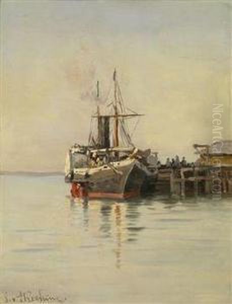 Ferryboat At The Landing Stage Oil Painting by Stephanie Von Strechine