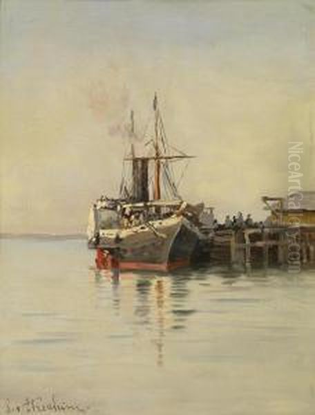 Ferry By The Landingstage Oil Painting by Stephanie Von Strechine