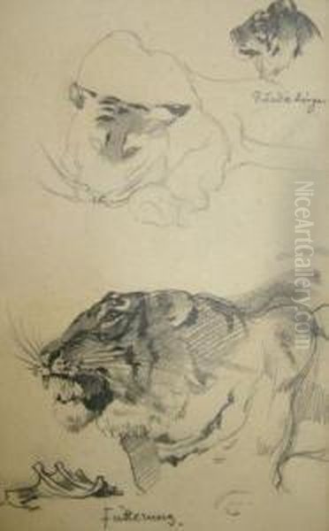 A Sketchbookcontaining Numerous Drawings In Pencil Of Animals Oil Painting by Siegmund Von Suchodolski