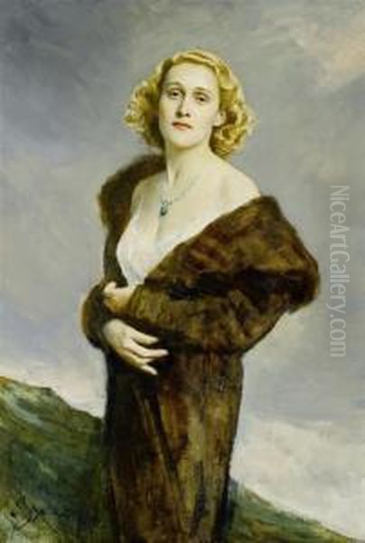 Lady In A Fur Coat Oil Painting by Boleslaw Von Szankowski