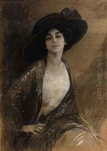 Elegant Lady With Black Hat Oil Painting by Boleslaw Von Szankowski