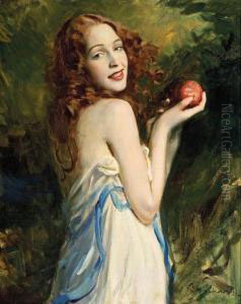 Young Beauty With Apple Oil Painting by Boleslaw Von Szankowski