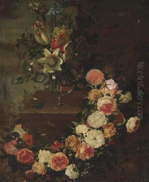 A Tulip, Convolvulus And Other Flowers In A Vase On A Plinth, With A Garland Of Roses And Peonies Oil Painting by Frans Werner Von Tamm